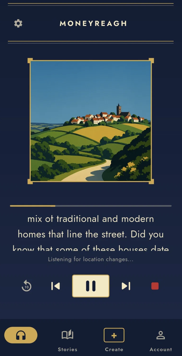 Vestige app showing a story about Moneyreagh